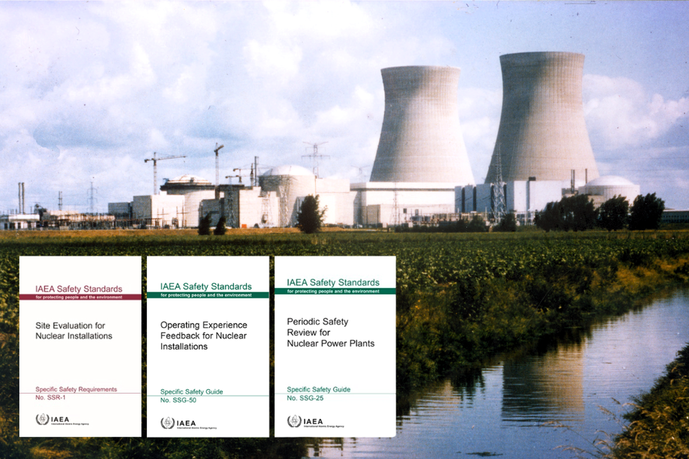 Asociatyvinis paveikslėlis, kuriame vaizduojama branduolinė elektrinė ir TATENA saugos standartų leidiniai (panaudotos iaea.org (TATENA) nuotraukos).