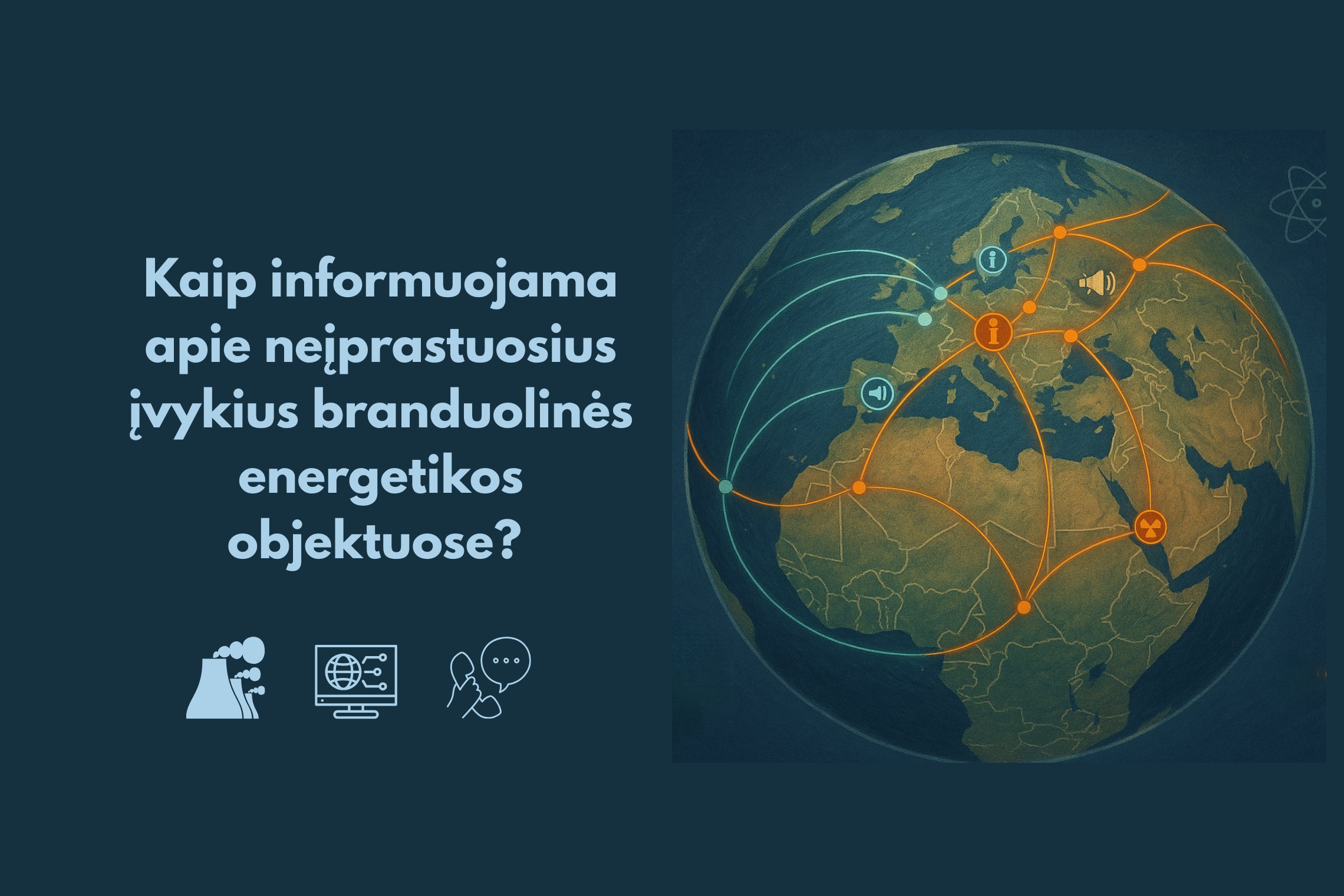 Asociatyvi iliustracija, kurioje pavaizduotas gaublys ir informacijos perdavimą simbolizuojančios piktogramos