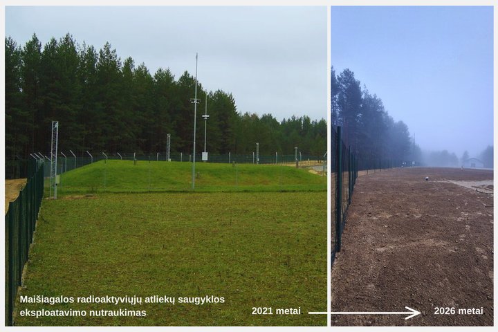 Maišiagalos radioaktyviųjų atliekų saugyklos eksploatavimo nutraukimą iliustruojančių nuotraukų prieš ir po koliažas (VATESI ir VĮ Ignalinos atominės elektrinės nuotr.)