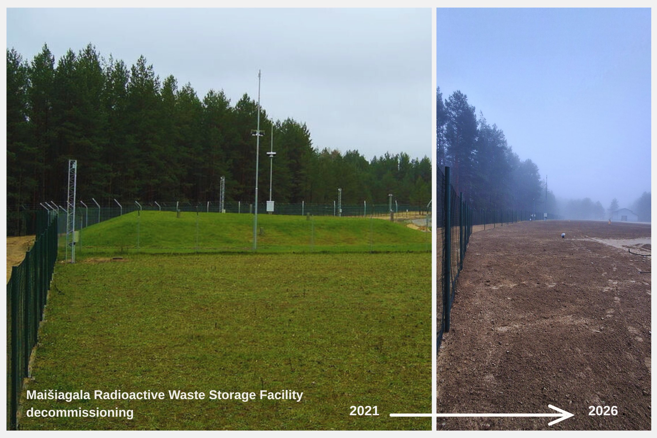 A collage of before-and-after photos illustrating the decommissioning of the Maišiagala radioactive waste storage facility (Photos courtesy of VATESI and the SE Ignalina Nuclear Power Plant)