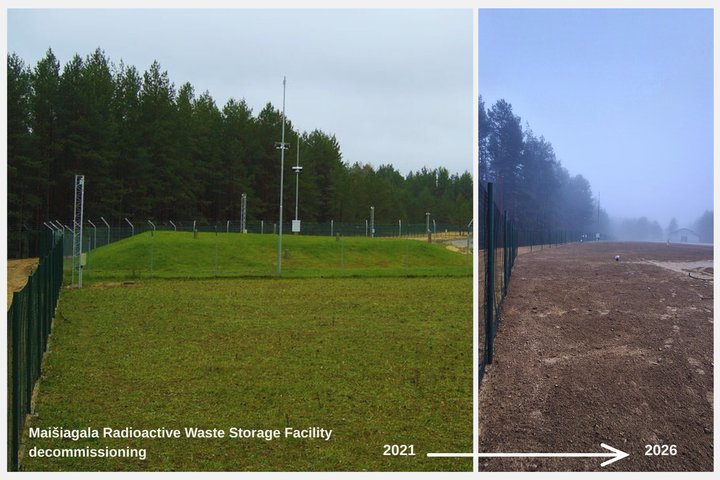 A collage of before-and-after photos illustrating the decommissioning of the Maišiagala radioactive waste storage facility (Photos courtesy of VATESI and the SE Ignalina Nuclear Power Plant)